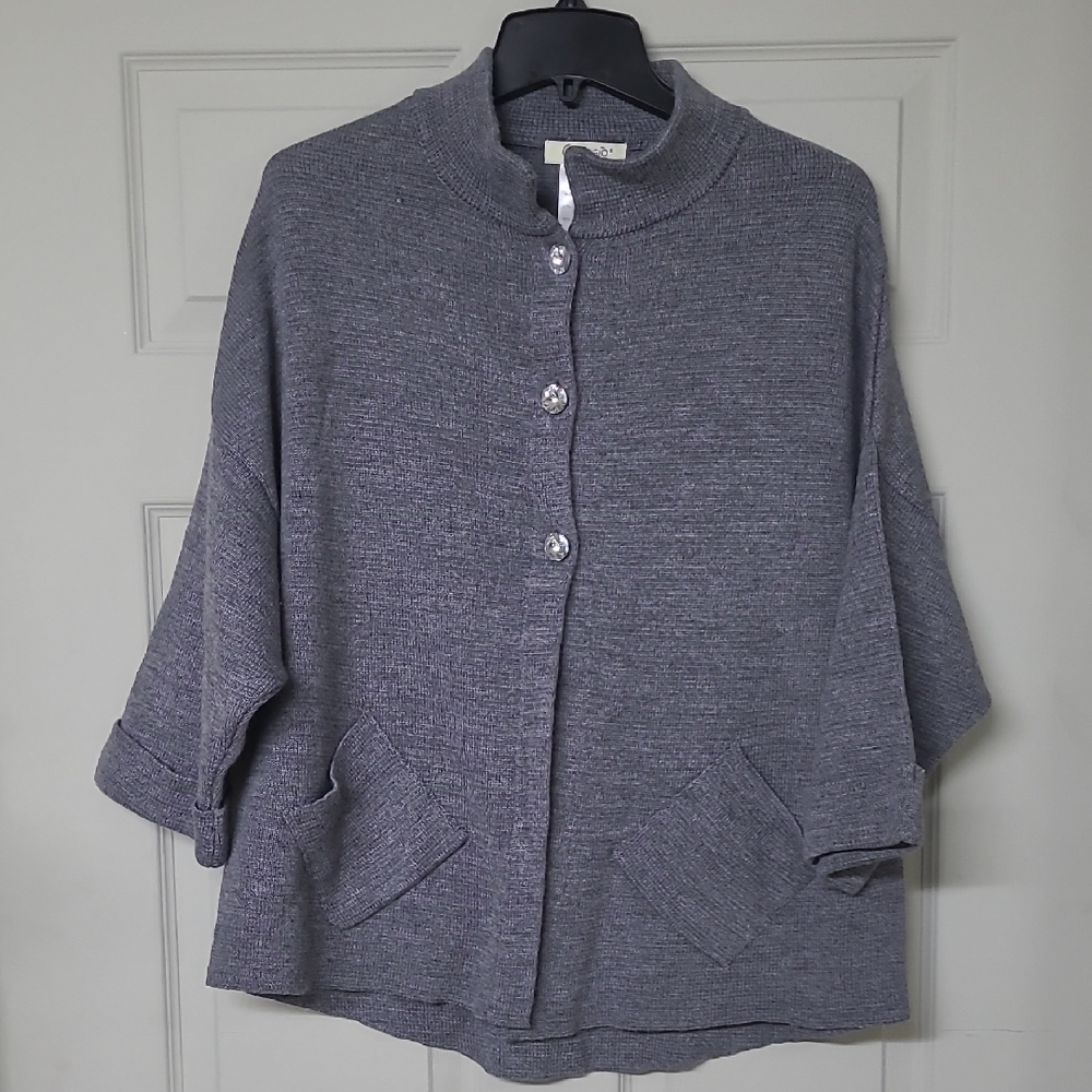 Cocogiò Italian Merino Wool Blend Sweater 2 Patch Pockets 3/4 Sleeves Gray Large